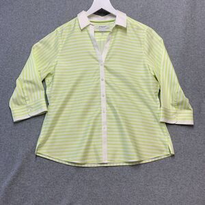 Foxcroft Shirt Womens 14P Green Non Iron Button Striped Heritage Shaped Mature